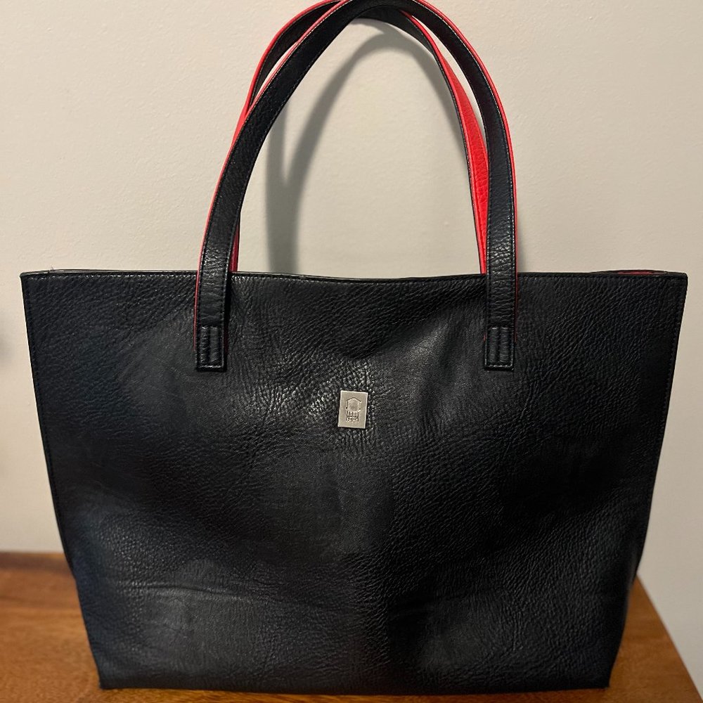 Large Black and Red Reversible Vegan Leather Tote